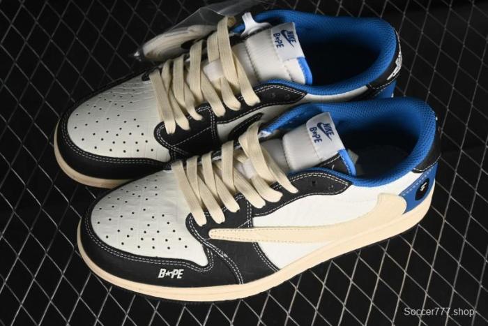 Nike Travis Scott x Fragment Design x Air Jordan 1 Low OG SP AJ1 Bape Collaboration - Crocodile Leather Black White Blue Low Top Casual Sneakers - XZ2828-001