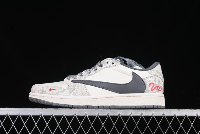 Nike Travis Scott x Fragment Design x Air Jordan 1 Low OG SP AJ1 Snake Year Limited Grey Snake Scale with Grey Swoosh Low-top Casual Sneakers - XS3086-009