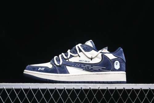 Nike Travis Scott x Fragment Design x Air Jordan 1 Low OG SP AJ1 Bape Collaboration - Klein Blue Lace-Up Low-Top Casual Sneakers - XS3186-201