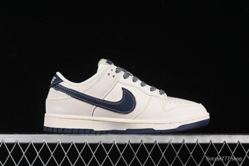Nike SB Dunk Low Anniversary Premium Custom Low-Top Casual Skate Shoes in Off-White with Navy Blue Swoosh - SJ1089-004