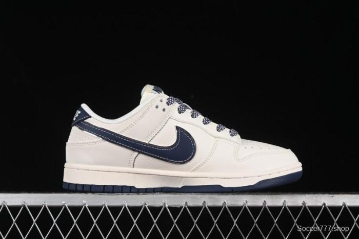 Nike SB Dunk Low Anniversary Premium Custom Low-Top Casual Skate Shoes in Off-White with Navy Blue Swoosh - SJ1089-004