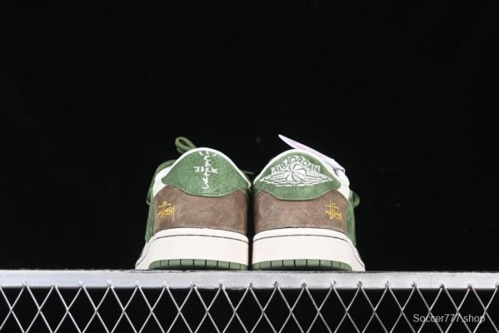 Nike Travis Scott x Fragment Design x Air Jordan 1 Low OG SP AJ1 Stussy Collaboration Suede Green Low Top Casual Sneakers - XS3186-202