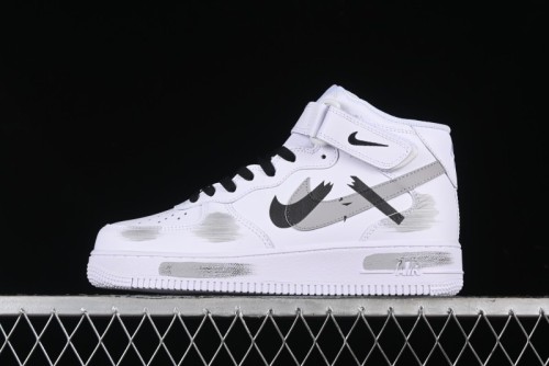 Nike Air Force 1 '07 Mid Casual Sneakers in White/Grey/Black with Hand-Painted Cracked Swoosh Shadow Detail - CW2289-111