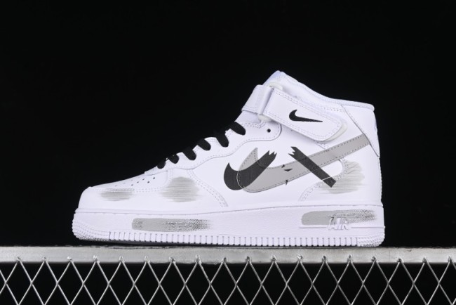 Nike Air Force 1 '07 Mid Casual Sneakers in White/Grey/Black with Hand-Painted Cracked Swoosh Shadow Detail - CW2289-111