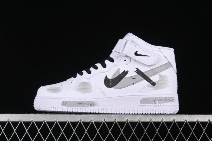 Nike Air Force 1 '07 Mid Casual Sneakers in White/Grey/Black with Hand-Painted Cracked Swoosh Shadow Detail - CW2289-111