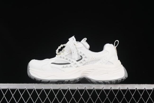 GG-CC Lace Pearl Chain Casual Platform Dad Shoes - 250310 White