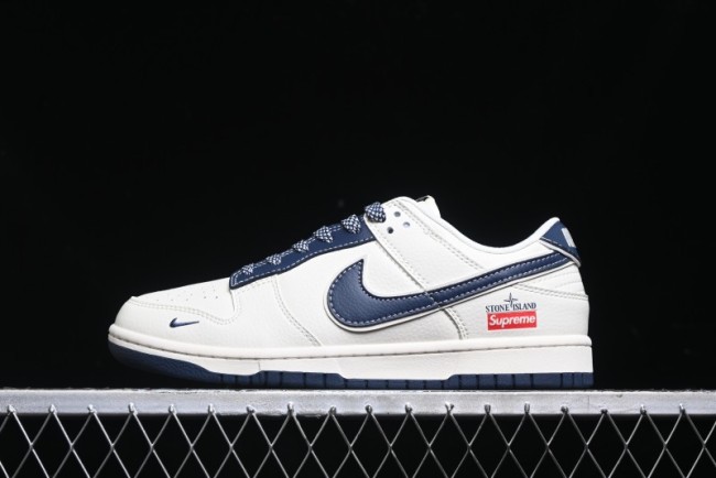 Nike SB Dunk Low Stone Island x Supreme Collaboration - Navy Blue & Off-White Anniversary High-End Custom Low-Top Casual Sneakers - BB9866-007