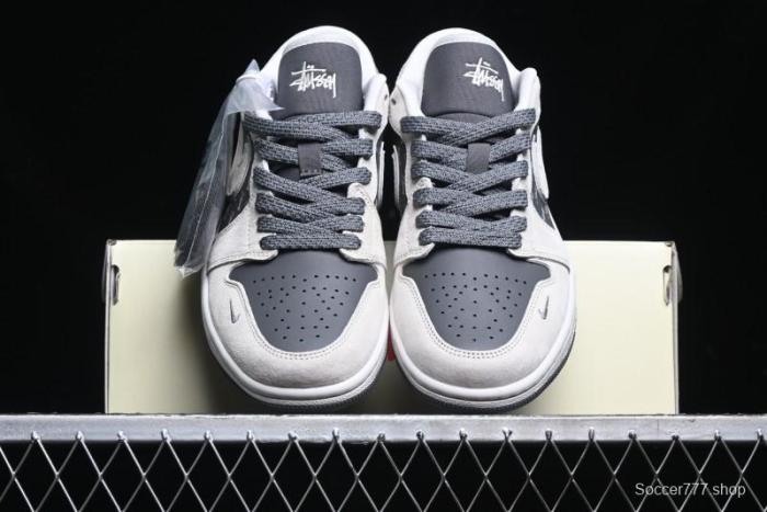 Nike Air Jordan 1 Low Stussy Collaboration - Grey Pigskin Black Base Retro Basketball Shoes - XX3318-968