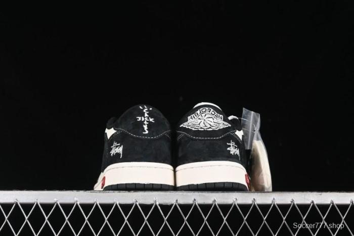 Nike Travis Scott x Fragment Design x Air Jordan 1 Low OG SP AJ1 Supreme Stussy Collaboration - Red Tab Black Warrior Low Top Casual Sneakers - SJ2068-124