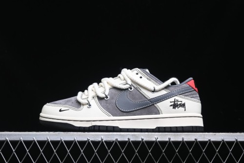 Nike SB Dunk Low Stussy Collaboration - Lace-Up Grey White Grey Check Anniversary High-End Custom Low-Top Casual Skate Shoes - YX5066-207
