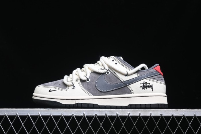 Nike SB Dunk Low Stussy Collaboration - Lace-Up Grey White Grey Check Anniversary High-End Custom Low-Top Casual Skate Shoes - YX5066-207