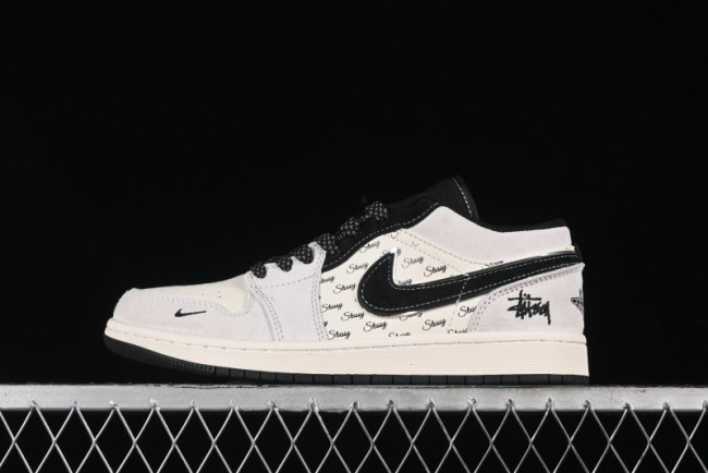Nike Air Jordan 1 Low Stussy Collaboration - Silver Trim Black Swoosh Retro Basketball Shoes - SJ9950-026