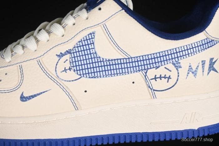 Nike Air Force 1'07 Low Casual Sneakers with Blue Line Ghost Face Design - DF0188-053