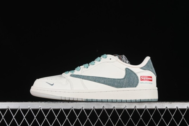 Nike Travis Scott x Fragment Design x Air Jordan 1 Low OG SP AJ1 Supreme Collaboration - Green Canvas Swoosh Low-Top Casual Sneakers - JH6088-706