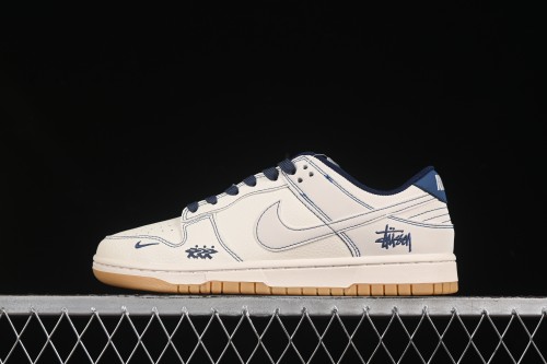 Nike SB Dunk Low Stussy Collaboration Blue Line Gum Sole Anniversary Custom Low-Top Casual Skate Shoes - JJ2508-559