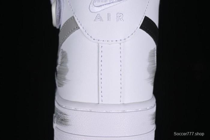 Nike Air Force 1 '07 Mid Casual Sneakers in White/Grey/Black with Hand-Painted Cracked Swoosh Shadow Detail - CW2289-111