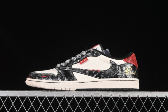 Nike Travis Scott x Fragment Design x Air Jordan 1 Low OG SP AJ1 Snake Year Limited Two-Tone Gloss Black Low-Top Casual Sneakers - YX5066-307