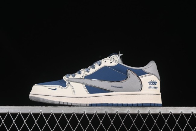 Nike Travis Scott x Fragment Design x Air Jordan 1 Low OG SP AJ1 Stussy Collaboration Dual-Tone Grey Hook Low-Top Casual Sneakers - ZH2598-245