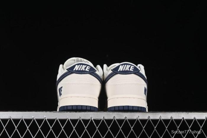 Nike SB Dunk Low Anniversary Premium Custom Low-Top Casual Skate Shoes in Off-White with Navy Blue Swoosh - SJ1089-004