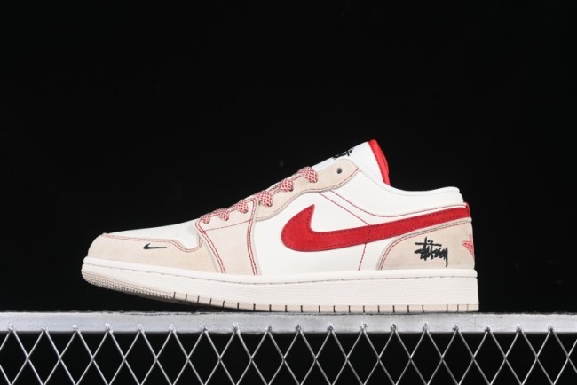 Nike Air Jordan 1 Low Stussy Collaboration Khaki Red Hook Retro Basketball Shoes - SJ9950-040