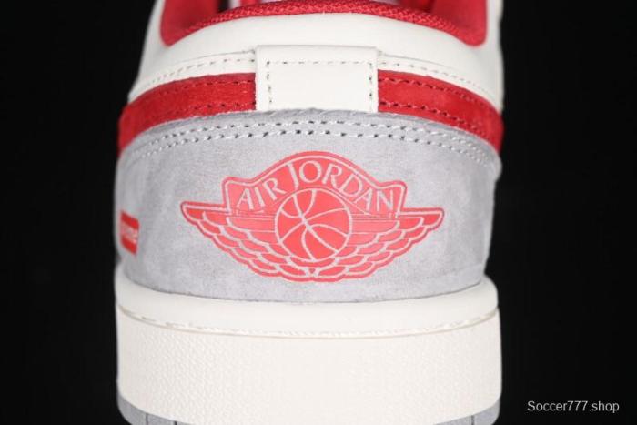 Nike Air Jordan 1 Low AJ1 Supreme Collaboration - White Grey Red Swoosh Retro Basketball Shoes - SJ9950-024