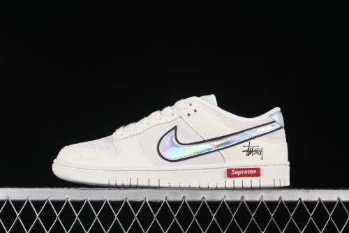 Nike SB Dunk Low Supreme x Stussy Triple Collaboration - Beige Silver Swoosh Anniversary Custom Low-Top Casual Skate Shoes - KK1333-005