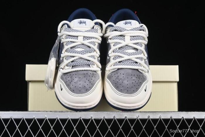 Nike SB Dunk Low Stussy Collaboration Anniversary Custom Low-Top Casual Sneakers with Strap in Beige Grey and Navy - YX5066-236