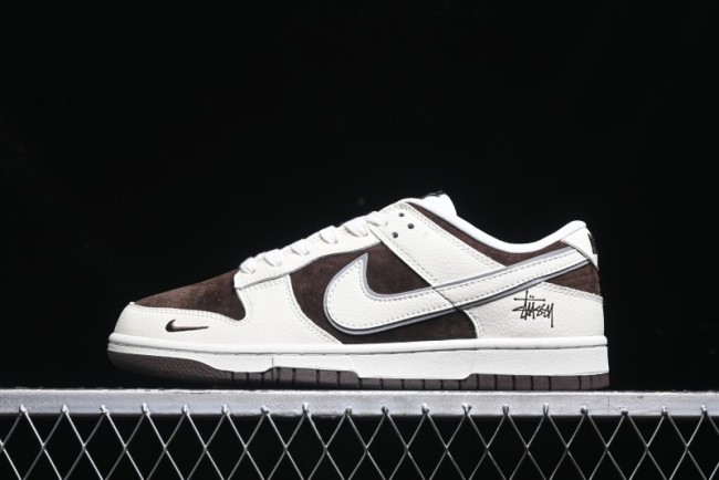Nike SB Dunk Low Stussy Collaboration - Dark Brown White Swoosh Anniversary Custom Low-Top Casual Sneakers - KK1333-012