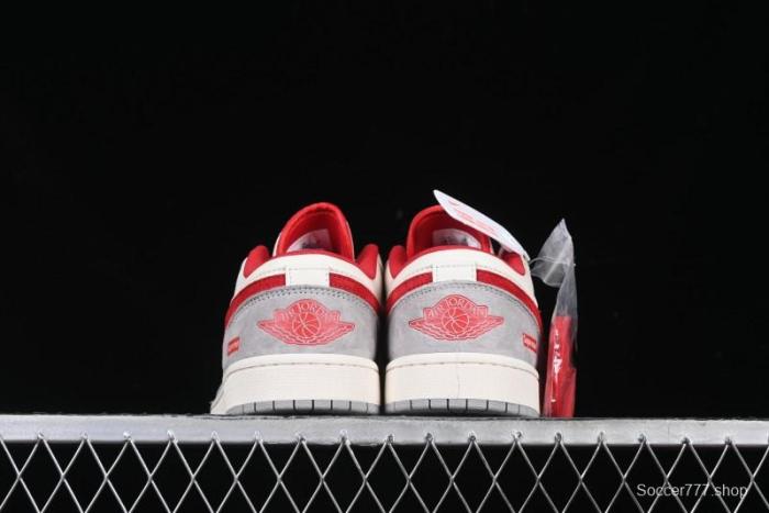Nike Air Jordan 1 Low AJ1 Supreme Collaboration - White Grey Red Swoosh Retro Basketball Shoes - SJ9950-024