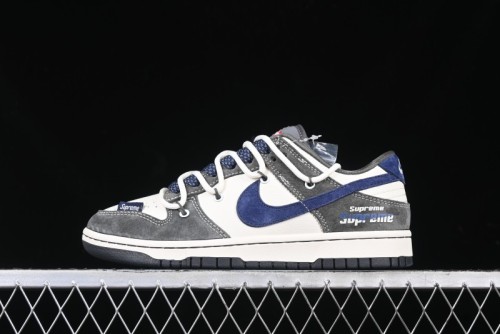 Nike SB Dunk Low Supreme Collaboration - Grey White Blue Swoosh Lace-Up Anniversary Customized Low-Top Casual Skate Shoes - XS1186-100