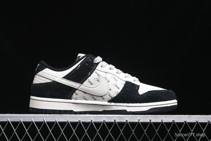 Nike SB Dunk Low Stussy Collaboration - Black White Mini Swoosh Anniversary Custom Low-Top Casual Skate Shoes - XY1688-017