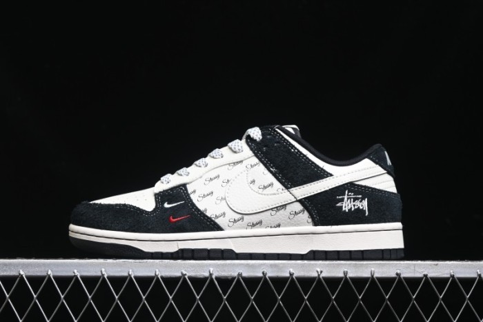 Nike SB Dunk Low Stussy Collaboration - Black White Mini Swoosh Anniversary Custom Low-Top Casual Skate Shoes - XY1688-017