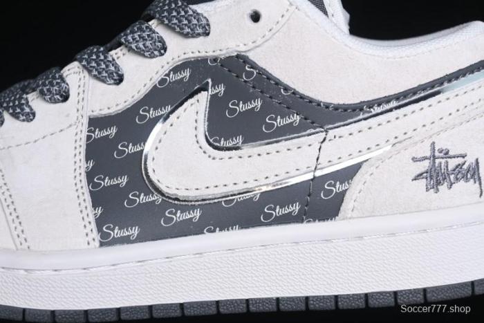 Nike Air Jordan 1 Low Stussy Collaboration - Grey Pigskin Black Base Retro Basketball Shoes - XX3318-968