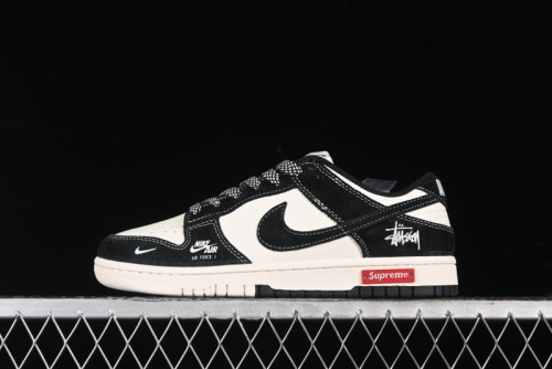 Nike SB Dunk Low Supreme x Stussy Triple Collaboration - Black White Black Swoosh Anniversary Custom Low Top Casual Skate Shoes - SJ2068-300