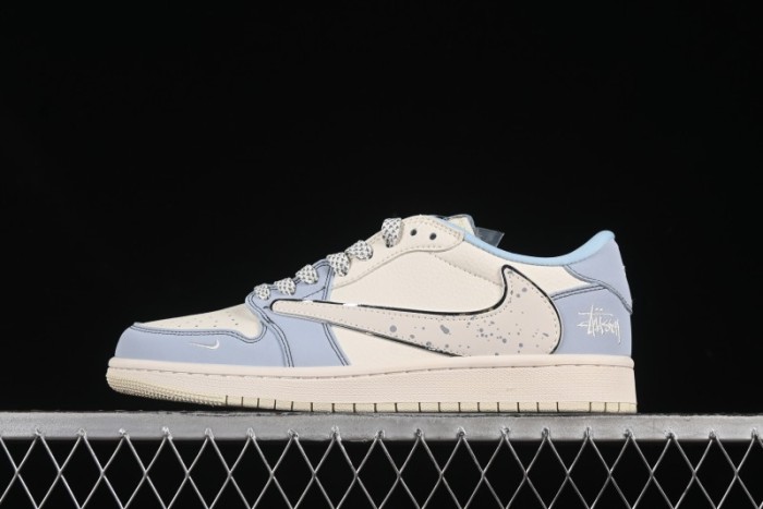 Nike Travis Scott x Fragment Design x Air Jordan 1 Low OG SP AJ1 Retro Sneakers with Blue Splatter Design - ZH2598-249