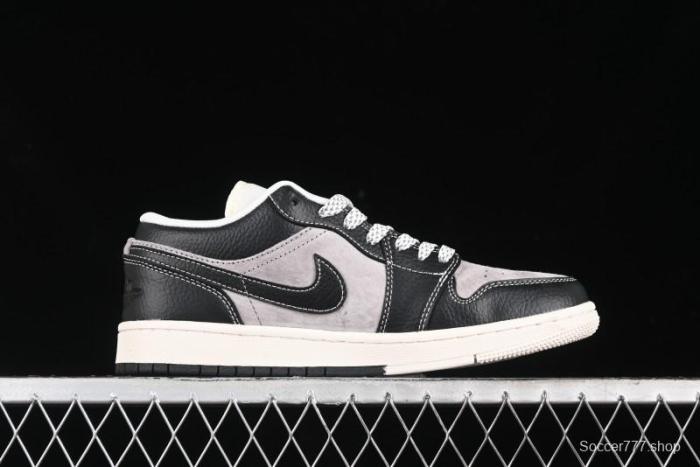 Nike Air Jordan 1 Low Supreme Collaboration - Black Grey Pigskin Two-Tone High-End Custom Retro Basketball Shoes - SJ9950-032