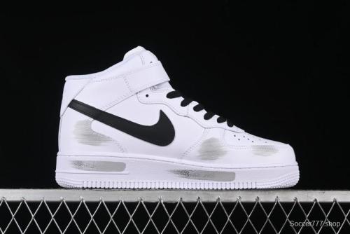 Nike Air Force 1 '07 Mid Casual Sneakers in White/Grey/Black with Hand-Painted Cracked Swoosh Shadow Detail - CW2289-111