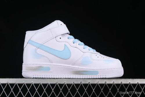 Nike Air Force 1 '07 Mid Light Blue Hand-Painted Cracked Three Stripes Shadow Mid-Top Casual Sneakers - CW2289-111