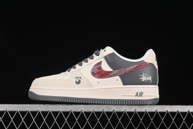 Nike Air Force 1 '07 Low Stussy Collaboration Render Red Swoosh Casual Sneakers - XS1958-573