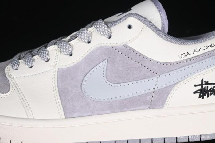 Nike Air Jordan 1 Low Stussy Collaboration - Retro Basketball Shoes in Light Grey - SJ9950-044