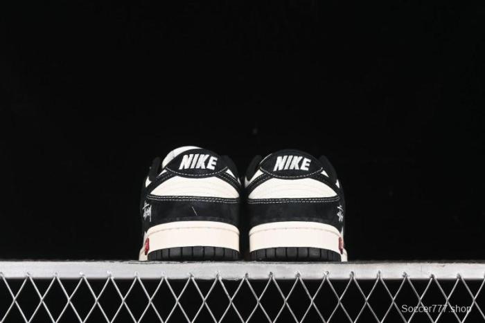 Nike SB Dunk Low Supreme x Stussy Triple Collaboration - Black White Black Swoosh Anniversary Custom Low Top Casual Skate Shoes - SJ2068-300