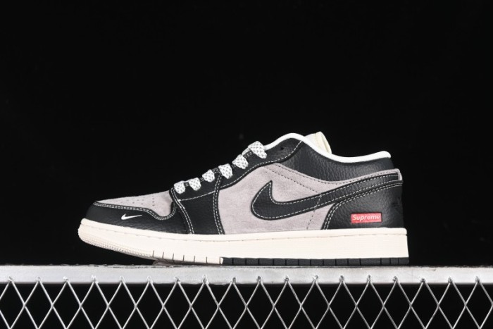 Nike Air Jordan 1 Low Supreme Collaboration - Black Grey Pigskin Two-Tone High-End Custom Retro Basketball Shoes - SJ9950-032