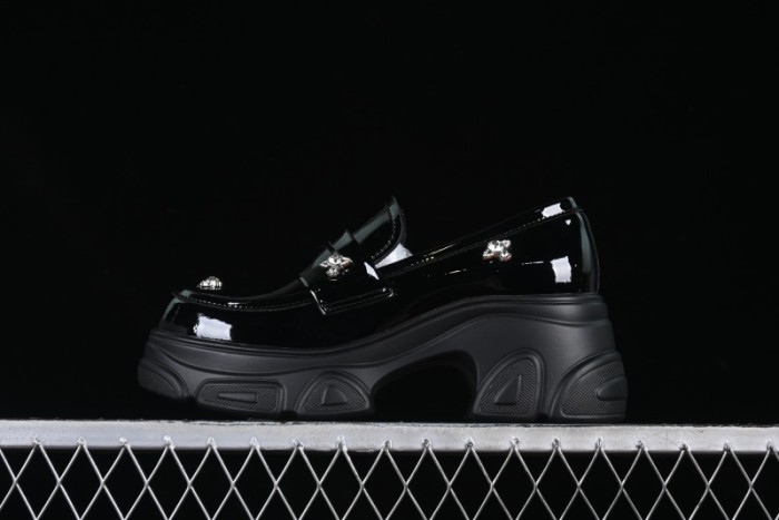 Black Patent Chunky Platform Loafers with Metal Embellishments