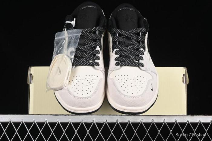 Nike Air Jordan 1 Low Stussy Collaboration - Silver Trim Black Swoosh Retro Basketball Shoes - SJ9950-026