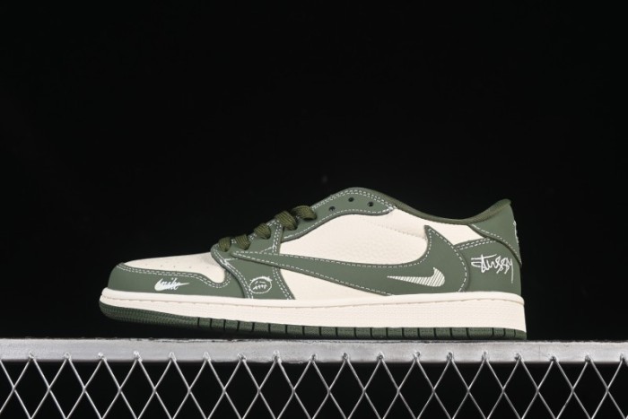 Nike Travis Scott x Fragment Design x Air Jordan 1 Low OG SP AJ1 Stussy Collaboration Oil Green Swoosh Low Top Casual Sneakers - XS2024-025