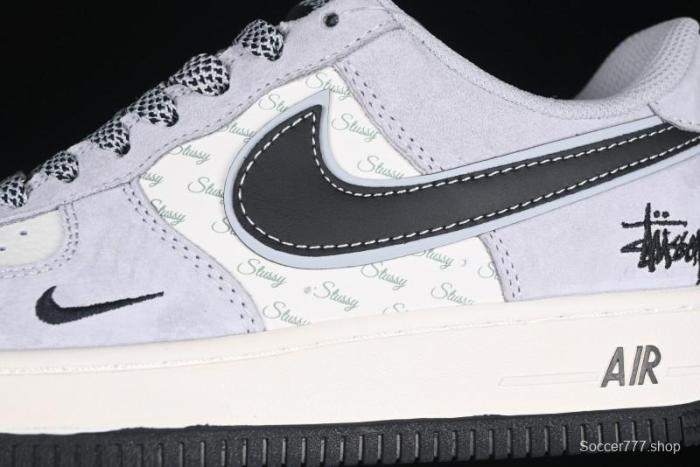Nike Air Force 1 '07 Low Stussy Collaboration Grey Pigskin Black Swoosh Low-Top Casual Sneakers - XZ3318-099