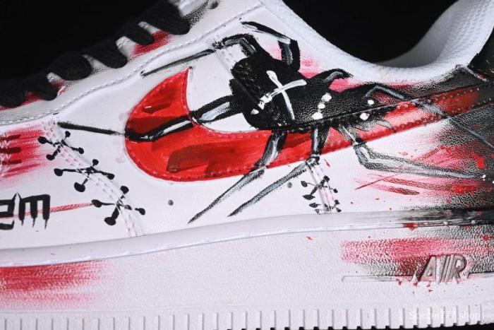 Nike Air Force 1 '07 Low Casual Sneakers with 2D Black and White Hand-Painted Blood Night Stitching Design - CW8822-011