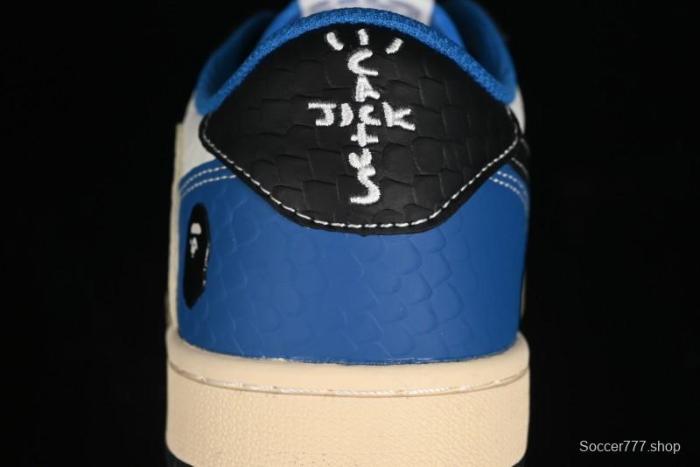 Nike Travis Scott x Fragment Design x Air Jordan 1 Low OG SP AJ1 Bape Collaboration - Crocodile Leather Black White Blue Low Top Casual Sneakers - XZ2828-001