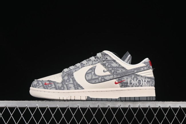 Nike SB Dunk Low Dior Collection Woven Grey Check Anniversary Custom Low-Top Casual Skate Shoes - SJ2258-013