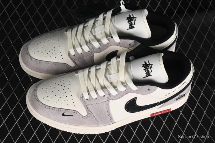 Nike Air Jordan 1 Low Stussy Collaboration - Grey Black Red Label Retro Basketball Shoes - SJ9950-034